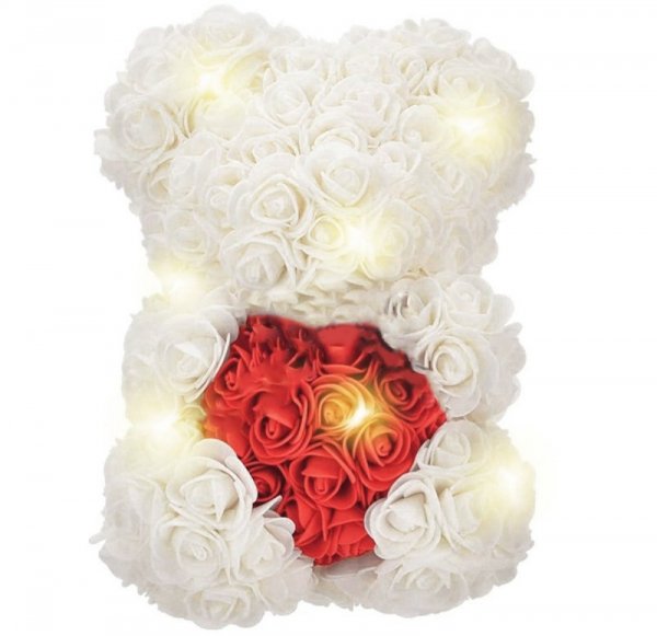 BQ54C Miś z róż z sercem 25cm             biało-czerwony led