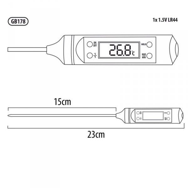 Termometr/sonda do żywności, GreenBlue, długość sondy 15cm, zakres temp. -50 st. C do +300 st. C., dokładność 0,1 st. C, GB178