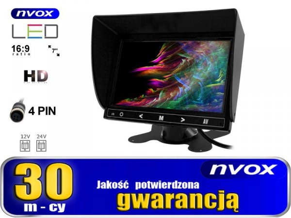 Monitor samochodowy lub wolnostojący LCD 7cali cali HD AV z obsługa do 2 kamer 4PIN 12V... (NVOX