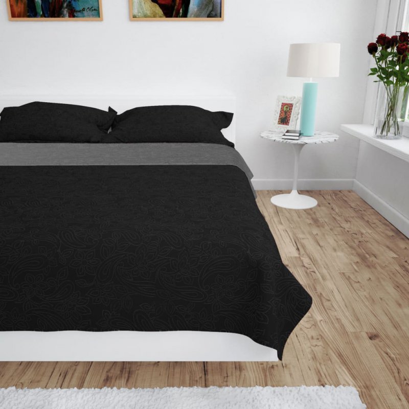 Dwustronna narzuta na łóżko, pikowana, 170x210 cm, szaro-czarna