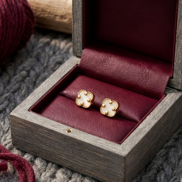 Kolczyki sztyft biała marokańska koniczyna złoto 585