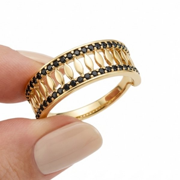 Pierścionek szeroki ażur kamienie R.19 złoto 585 