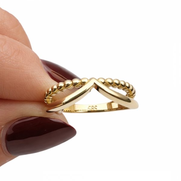 Pierścionek podwójny w formie piramidy z kulkami złoto 585
