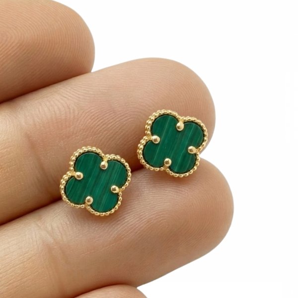 Kolczyki sztyft koniczyna malachit złoto 585 