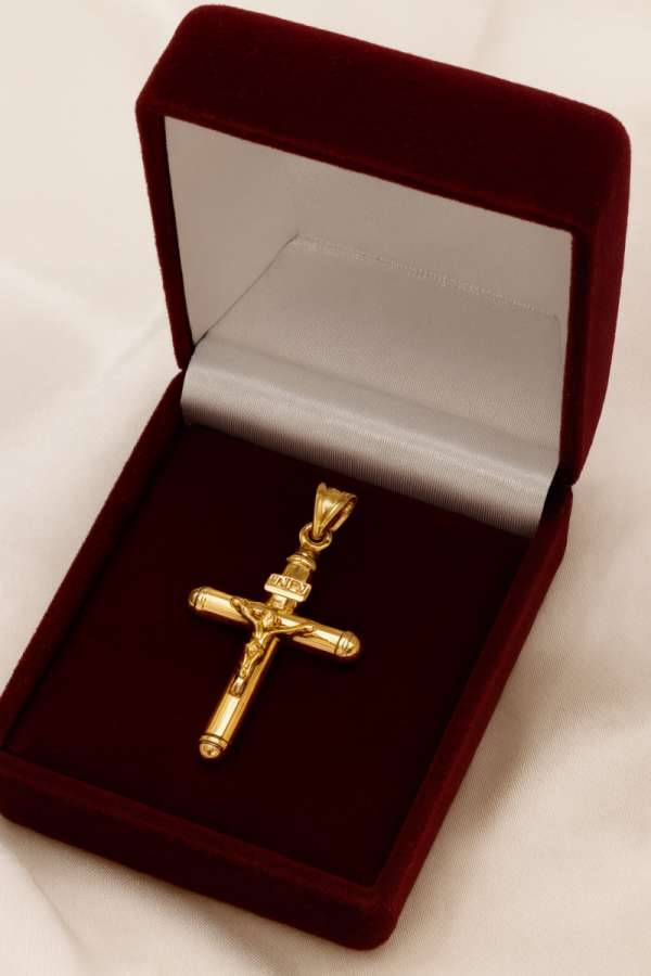Krzyż dwustronny 3D  z wizerunkiem złoto 585 
