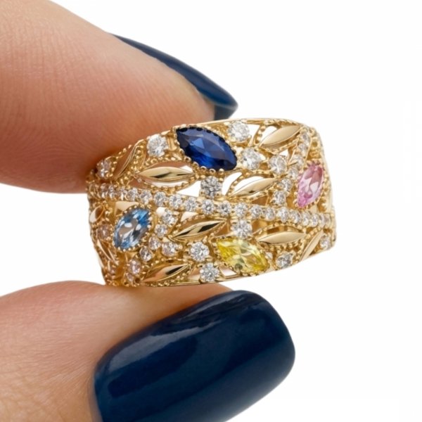 Pierścionek z motywem florystycznym i kolorowymi kamieniami złoto 585 