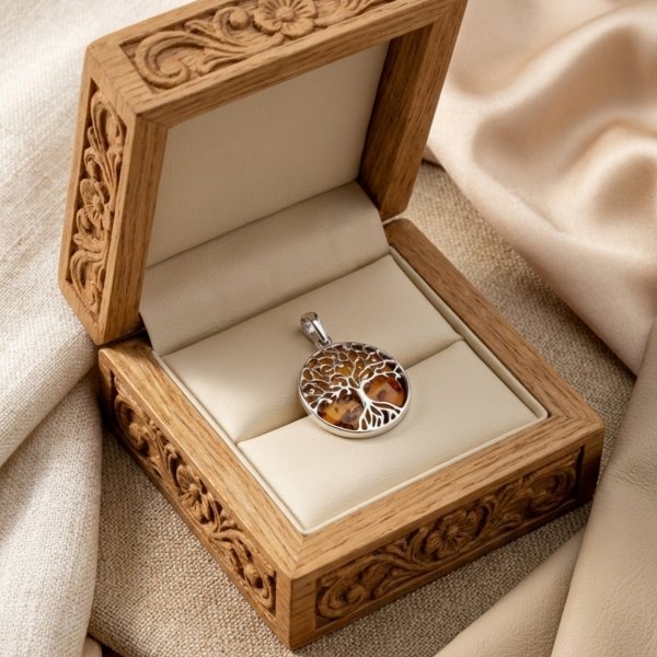 Wisior drzewo bursztyn naturalny srebro 925