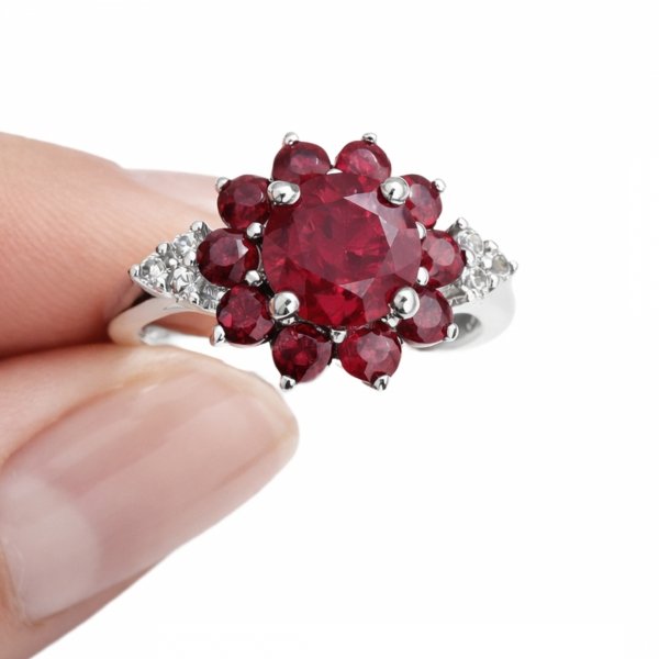 Pierścionek kwiat z naturalnym rubinem R.14 srebro 925