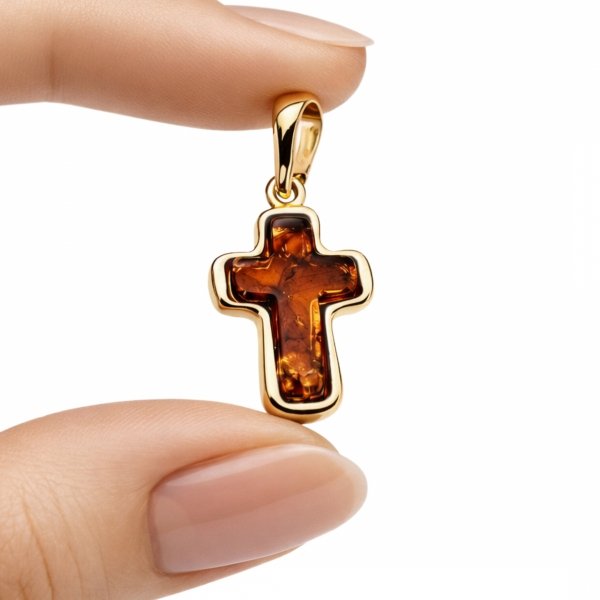 Zawieszka krzyż z bursztynem srebro 925