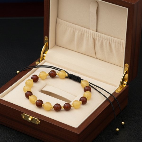 Bransoletka na sznurku z bursztynem  złoto 585 