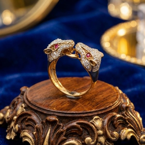 Pierścionek dwie głowy tygrysa złoto 585