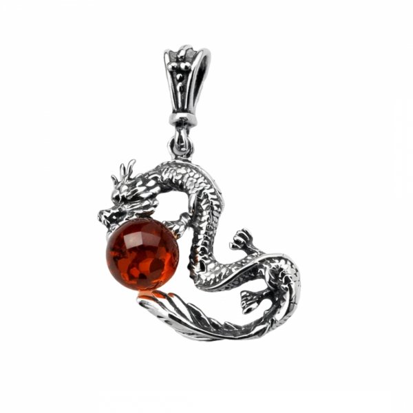 Zawieszka ze smokiem bursztyn naturalny srebro 925
