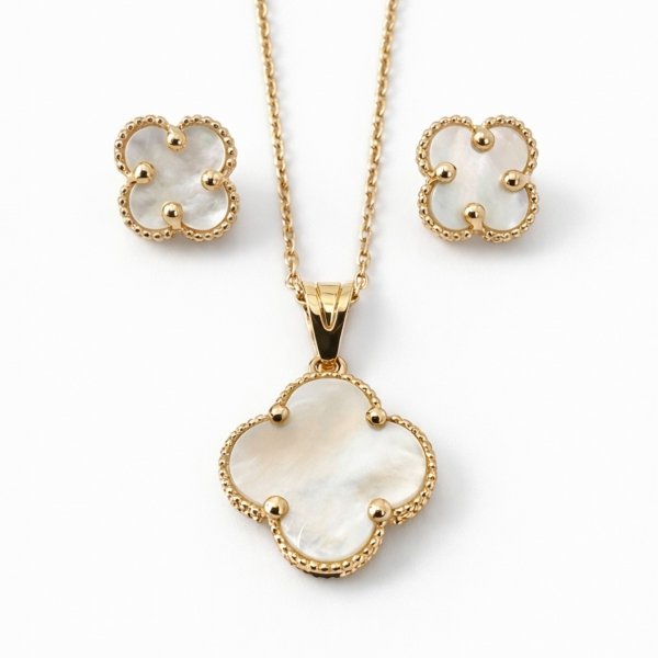 Komplet wisior i kolczyki koniczyna masa perłowa złoto 585 