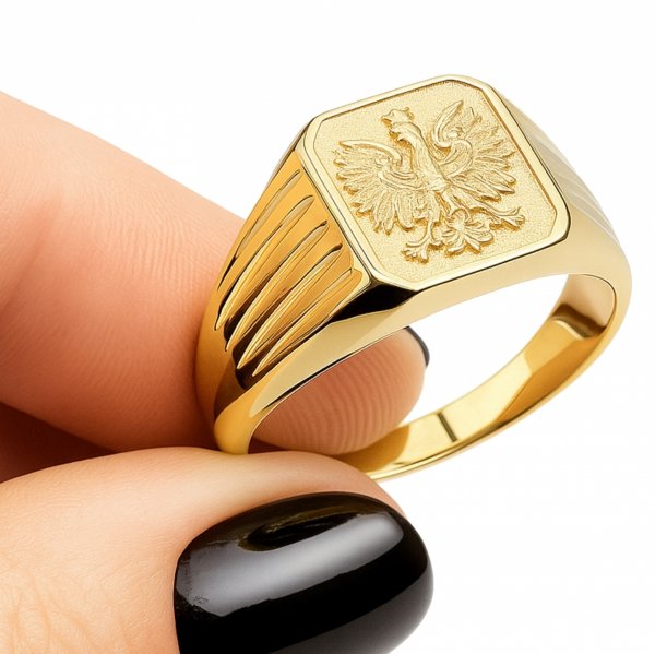 Szeroki sygnet z orłem R.25 złoto 585