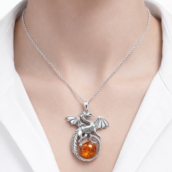 Zawieszka duży smok bursztyn naturalny srebro 925