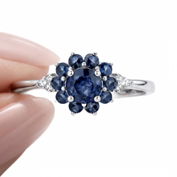 Pierścionek kwiat z szafirem i topazem srebro 925 ROD