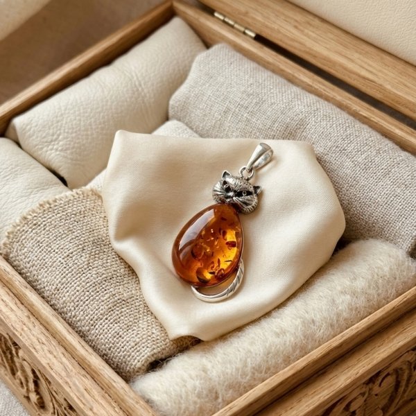 Zawieszka w kształcie kota z bursztynem srebro 925