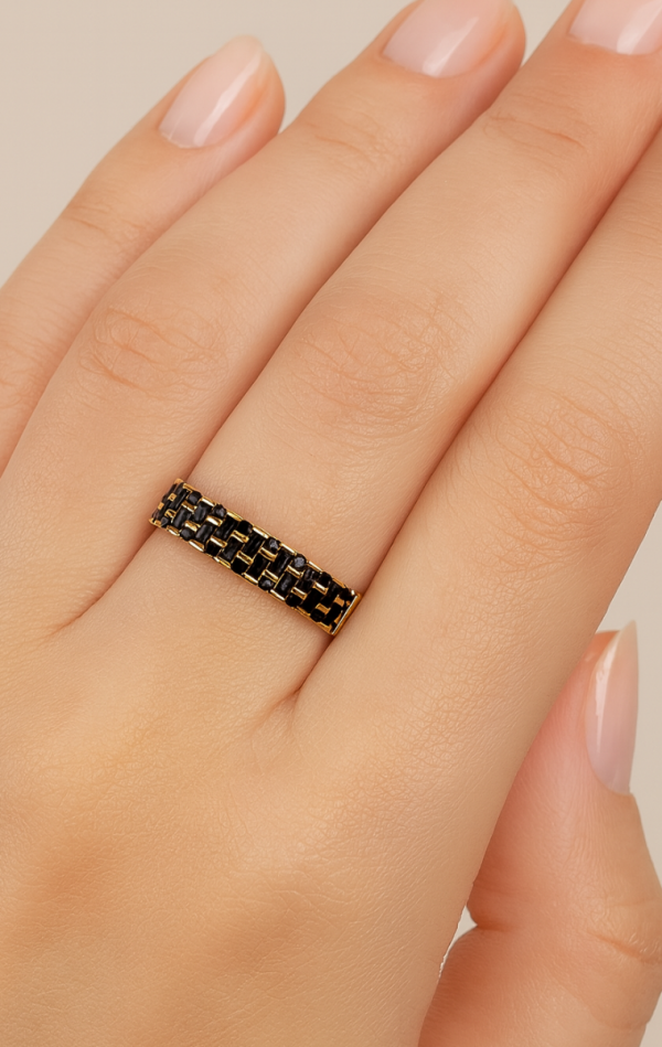 Pierścionek obrączka z czarnymi  kamieniami R.18 złoto 585