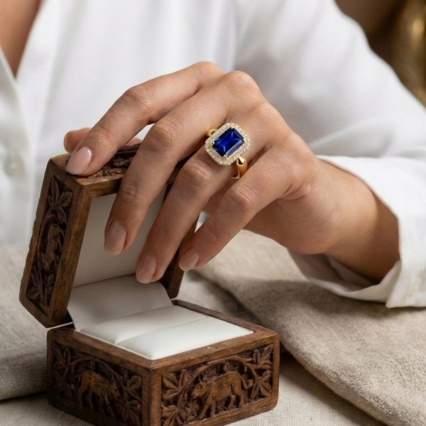 Pierścionek z szafirowym kamieniem R. 21 złoto 585