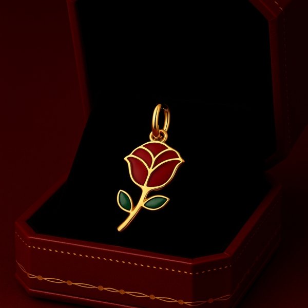 Wisior dwustronny  róża emalia jubilerska złoto 585 