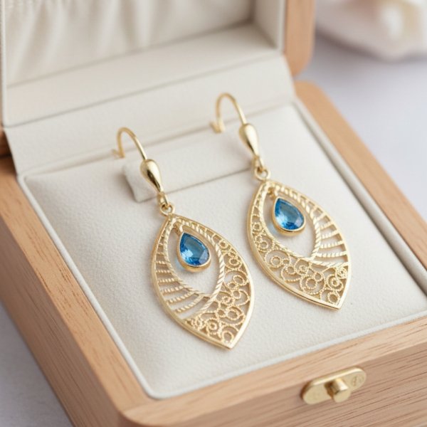 Kolczyki z ażurowym motywem i błękitnym kamieniem  złoto 585