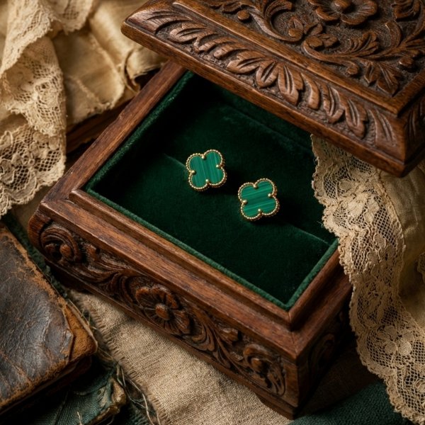 Kolczyki sztyft koniczyna malachit złoto 585 