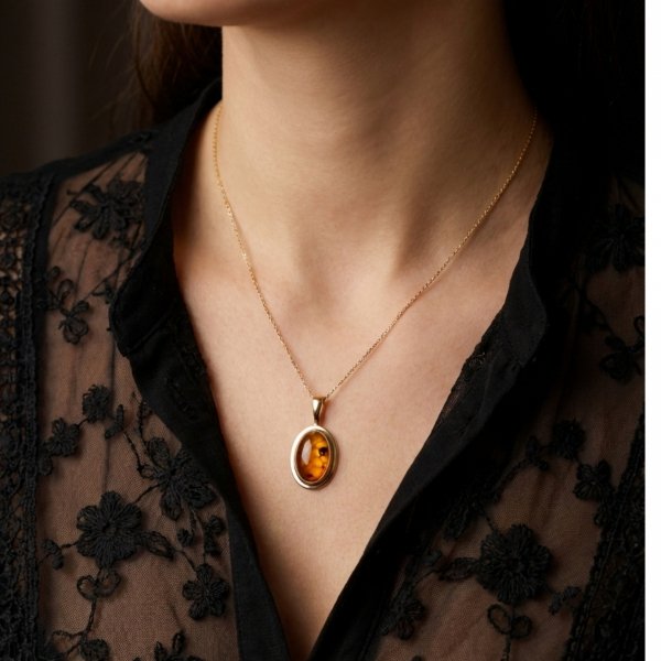 Wisior w klasycznej oprawie  z naturalnym bursztynem złoto 585 