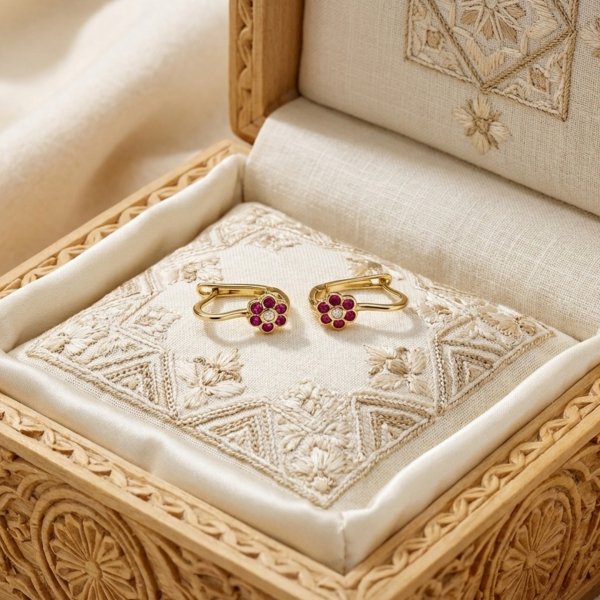 Kolczyki różowe kwiatki złoto 585