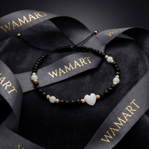 Bransoletka z czarnymi kamieniami i sercem złoto 585