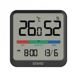 Savio Czujnik temperatury i wilgotności, do użytku wewnętrznego, ekran LCD, zegar, data, uchwyt z magnesem, CT-01/B Czarny