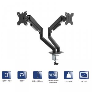 Uchwyt biurkowy na dwa monitory Akyga AK-MB-06 regulowane ramiona gazowe VESA 75x75mm / 100x100mm 15-32 cale