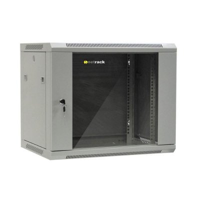 Szafa wisząca 19 cali Netrack, 9U/600x450mm – szary, drzwi szklane, otwierane boki