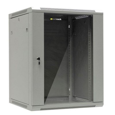 Szafa wisząca 19" Netrack, 15U/600x600mm - szary, drzwi szklane, otwierane boki - PO TEST