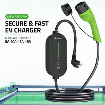 Qoltec Mobilna ładowarka do samochodu elektrycznego EV z regulacją 2w1  Typ2 | 3.5kW | 230V | LCD | LED | 5m