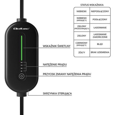 Qoltec Mobilna ładowarka do samochodu elektrycznego EV z regulacją 2w1  Typ2 | 3.5kW | 230V | LCD | LED | 5m
