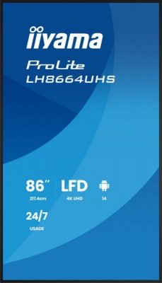 IIYAMA Monitor 86 cali LH8664UHS-B3AG 24/7,IPS,ANDROID 14,4K,2xHDMI,RJ45,    2xUSB,WiF,iUSB-C(DP-Alt),2x16W, iiSignage? (CMS), iiControl (DMS),iiShare,    ES