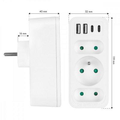 Maclean Rozdzielacz na 3 gniazda MCE248 F/W 2xUSB-A 2xUSB-C biały