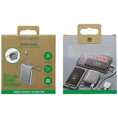 4smarts Powerbank Pocket Dual Cord 20000mAh 22,5W z wbudowanym kablem USB-C 15cm Szary