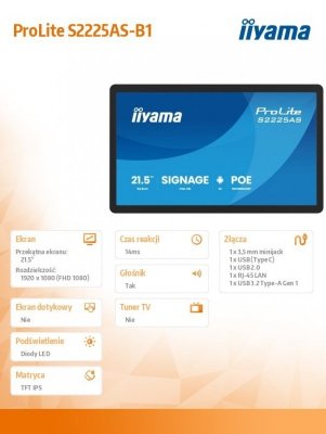 IIYAMA Monitor komputerowy  21.5 cala ProLite S2225AS-B1 IPS,FHD,A14,24/7,RJ45,500cd2, USB-C,2x5W,iiSignage, WI-FI