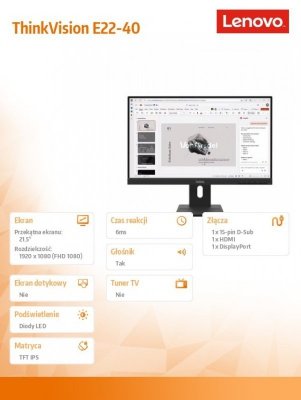 Lenovo Monitor 21.5 cala ThinkVision E22-40 64C9MAT6EU
