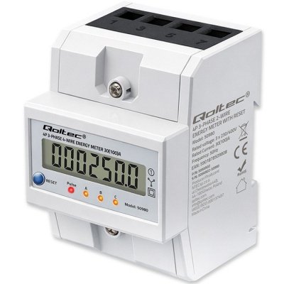 Qoltec Trójfazowy elektroniczny licznik z resetem | miernik zużycia energii na szynę DIN | 400V | 100A | LCD | LED | 4P