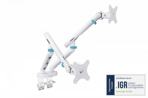 Digitus Ramię biurkowe podwójne z zaciskiem i sprężyną mechaniczną 2x LCD max. 35" obciążenie 2x10kg, VESA: 75x75, 100x100, białe