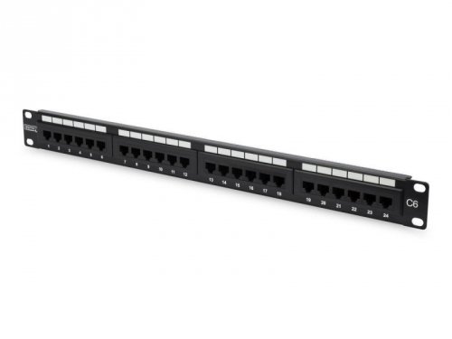Digitus Patch panel 19&quot; 24 porty, kat.6, U/UTP, 1U, wspornik kablowy, czarny (kompletny)