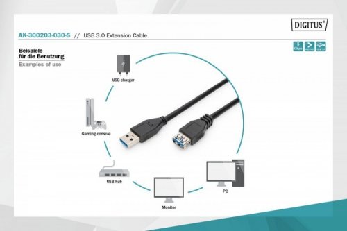 Digitus Kabel przedłużający USB 3.1 Gen.1 SuperSpeed 5Gbps Typ USB A/USB A M/Ż 3m Czarny