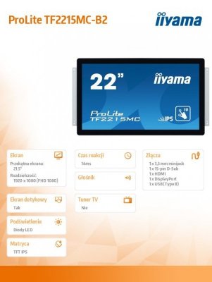 IIYAMA Monitor komputerowy  22 TF2215MC-B2 pojemnościowy 10pkt pianka IPS DP HDMI