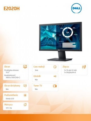 Dell Monitor E2020H 19.5 LED TN (1600x900) /16:9/VGA/DP 1.2/5Y PPG
