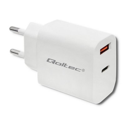 Qoltec Ładowarka sieciowa | 18W | 5-12V | 1.5-3A | USB typ C PD |  USB QC 3.0 | Biała