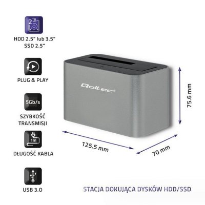 Qoltec Stacja dokująca dysków HDD/SSD | 2.5 cali/3.5 cali SATA | USB 3.0