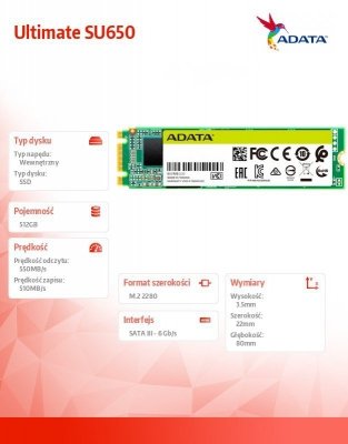 Adata Dysk SSD Ultimate SU650 512G M.2 TLC 3D 2280 SATA