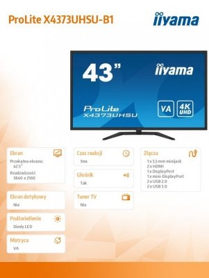 Monitor Digital Signage Iiyama 43 cale X4373UHSU-B1 4K, VA, 2xHDMI, DP, mDP, 3ms, 2x7W, USBx4